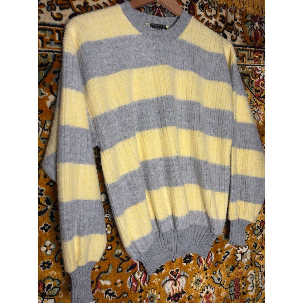 90s VTG Oversized Butter Yellow Striped Ribbed Crewneck Cotton Knit Sweater sz L - Picture 3 of 10